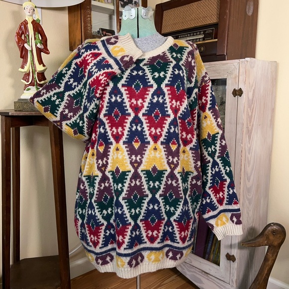 Extra Touch Sweaters - Vintage 80s Colorful Geometric Aztec Pattern Funky Indie Oversized Knit Sweater